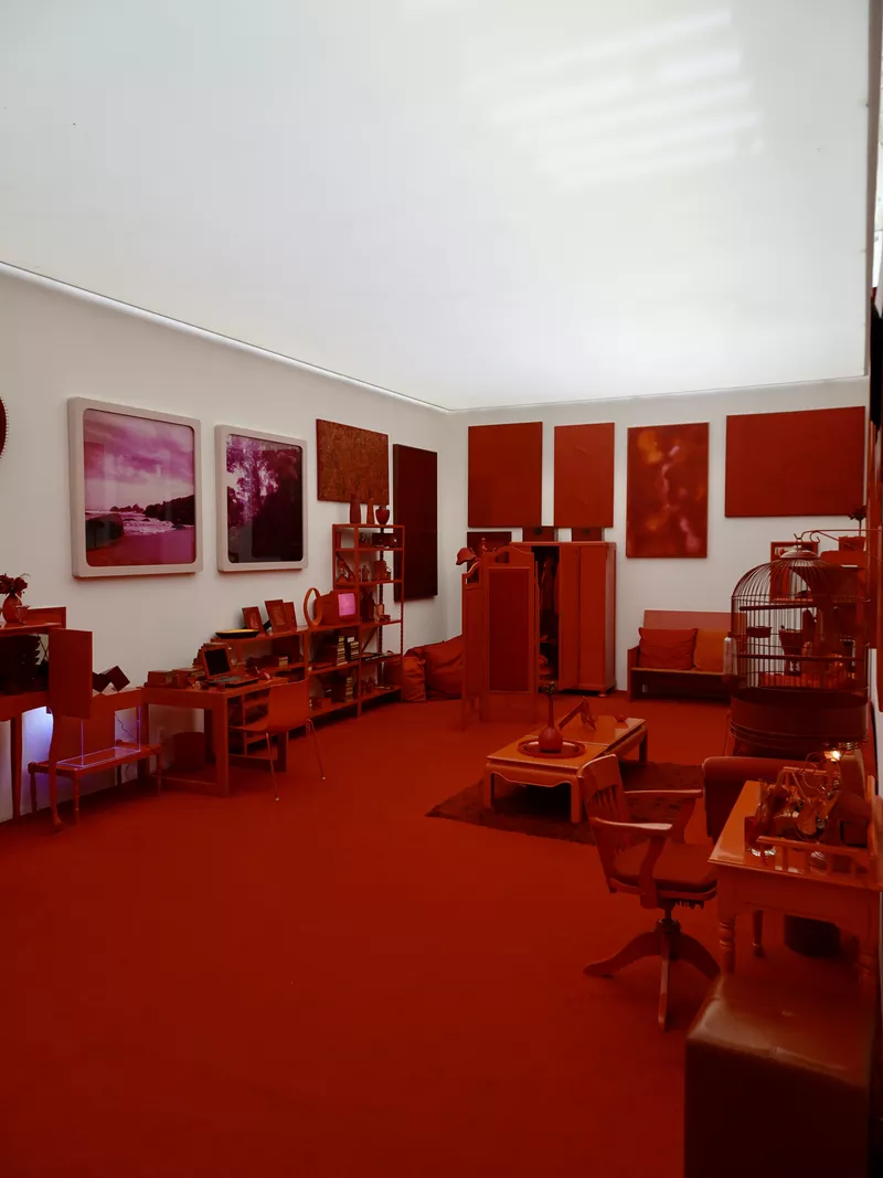 Room full of red furniture